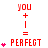 Red text and pink heart symbols animate on a white background, with 'you + I = PERFECT' displayed in pixelated font.
