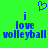 Green background with blue pixelated text reading 'i love volleyball' and a blue heart symbol above the text.