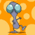 A purple cartoon character with large blue eyes walks across an orange background with yellow circles, alternating between left and right leg steps.