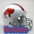 A silver football helmet with red and blue stripes and a red buffalo logo, shown in three variations with text labels below.