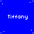 Blue background with white stars and repeated 'Tiffany' text in pixelated font, featuring a gray rectangular overlay on the right side.