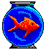 A pixelated goldfish swims in a blue fishbowl with bubbles, showing different poses across frames.