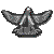 Pixelated gray bird with outstretched wings, white chest patch, and scattered blue-red accents on a solid light gray background.