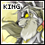 Pixelated character with long white beard and yellow eyes, wearing armor and red shoulder accents, with 'KING' text above.