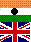 Pixelated flag design with orange top band, white middle band containing black dot, green checkered stripe, and Union Jack lower section.