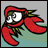 Pixelated red crab with green accents on a gray and teal background, featuring large white eyes and black outlines.