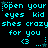 Cyan pixelated text on black background with animated star and heart symbols, repeating phrases and symbols in a