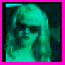 A four- with two identical pixelated green-tinted images of a person on the left and text/symbols on the right