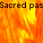 Animated orange and yellow flame background with repeated text "Sacred pas" in dark brown font