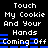 Pixelated text displays 'Touch My Cookie And Your Hands Coming Off' in white on black with blue horizontal bars, repeating in two