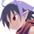 Pixelated anime-style character icon with dark hair, purple highlights, and a brown outfit against white background.