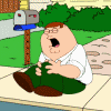 Animated sequence of a cartoon character in a white shirt and green pants sitting on a sidewalk, mouth opening and closing, eyes shifting, and hands moving on knees.