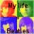 Four quadrant grid with pixelated text reading 'My life is Beatles' over colored backgrounds.