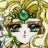 A pixelated close-up of a character's face with green eyes, white skin, and a green gem on the forehead, set against a blurred green and yellow background.