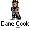 Animated contact sheet of a Dane Cook-themed buddy icon showing sequential frames with text bubbles, facial expressions, and motion effects on a gray background.