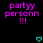 Pixelated text 'partyypersonn!!!' in purple with cyan heart symbols on black background.