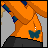 Pixelated character in orange top with blue accents, black shorts, and a blue butterfly tattoo on the chest, shown in three sequential poses with changing accessories.