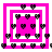 Four variations of a pixelated icon with pink and white square borders and black heart shapes arranged in a pattern