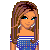 Pixel art buddy icon featuring a female character in blue and white cheerleading outfit with black lace-up boots, displayed alongside partial body view showing skirt and legs on white background.