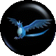 Blue bird-like creature with outstretched wings on glossy black circular and oval icons, displayed in a