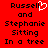 Red background with black pixelated text reading "Russell and Stephanie Sitting In a tree" and a white pixelated heart replacing the 'e' in "Russell".
