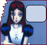 Animated sequence of a character with long dark red hair, blue puffed sleeves, and white top against light blue background; speech bubbles change text between 'WHAT'S BROKEN ALICE?' and 'I am'.