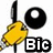 Yellow cartoon bird with black beak and eye, holding a black microphone against white background; partial text 'Bic' below.