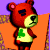 Pixelated red bear-like character with green shamrock on chest, standing against orange and purple background.