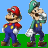 Pixelated image of Mario and Luigi standing side-by-side on green grass against a blue sky, with repeated 'SUPER MARIO BROTHERS!' text in red and green.