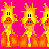 Five yellow cartoon ducks with orange beaks and feet stand in a on an orange base against a bright pink background, next to partial black text