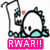 Pixelated icon shows a white cartoon character with black outlines holding a teal and black object, with a pink rectangular text box below reading "RWAR!!"