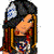 Pixelated cartoon character with long multicolored hair wearing a cap, bandana, and layered clothing standing on a gray platform.
