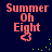 Pixelated text 'Summer Oh Eight' in coral color with a heart symbol below, set against dark blue background and scattered green dots.