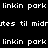 Static pixel art displays repeated text 'linkin park' and 'tes til midrtes' in white on black background with visible pixelation.
