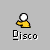 Pixelated yellow figure with white head in three distinct poses above 'Disco' text on gray background.