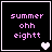 Four black square with pink pixelated text 'summer ohh eightt' and varying heart symbols in bottom-right corners
