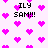 Pixelated icon with pink hearts on white background and repeated "ILY SAM!!!" text in black block letters.