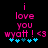 Pixelated pink text reads "i love you wyatt! <3" with blue hearts below on black background, show heart animation