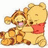 Pixelated cartoon of Winnie the Pooh and Tigger hugging, with text overlays reading "we go together like" and "pooh+tigger (333) [ forever ]", rendered in yellow-brown tones on white background.