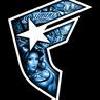 Static blue and white stylized F-shaped logo with a star, textured background, and white outline on black.