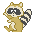 Four pixel-art raccoon frames arranged in a 2x2 contact sheet showing different poses and expressions on a gray background.