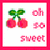 Pixelated cherry icon with green leaves, pink border, and pixelated text reading 'oh so sweet' on white background.