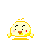 A yellow cartoon character with closed eyes, red cheeks, and a small orange mouth appears in multiple poses with floating yellow orbs and gray mechanical structures.