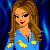 Pixelated cartoon woman with long brown hair and red lips in blue dress with yellow duck patterns, against dark blue wavy background.