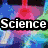 six pixelated with text and imagery: top-left shows 'Science' over a colorful abstract background, top-middle displays 'Fairs' in pink on a grayscale interface, top-right features 'Rock!' on a stone texture, bottom-left combines 'GO', 'SCIENCE', and 'FAIRS!', bottom-middle repeats the grayscale interface, bottom-right is empty