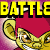Animated contact sheet of a yellow cartoon character with red background and repeated "BATTLE" text in bright yellow pixelated font across multiple frames showing facial expressions and spark effects.