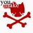 Red skull and crossbones icon with black heart symbols, gray text fragments 'you', 'me', 'sick' on white background.