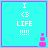 Four identical cyan squares with pink borders display "I <3 LIFE !!!!!" text and a small pink pixelated figure. The figures differ slightly in vertical position