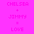 Pixelated text on a bright pink background displays 'CHELSEA + JIMMY = LOVE' in two identical vertical