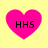 Four pink heart-shaped icons with black text "HHS" on a yellow background, arranged in a